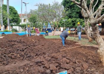 Continua a pleno vapor a reforma geral da praça Agenor Carrilho no centro da cidade de Miranda