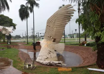 Escultura de tuiuiú do Aeroporto de Campo Grande cai durante temporal