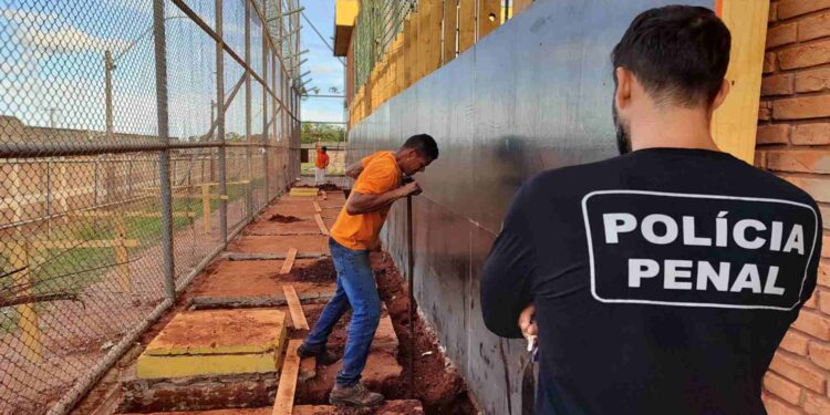 Após denúncias de celulares na Máxima, Agepen coloca presos para erguerem muro e instalarem telas