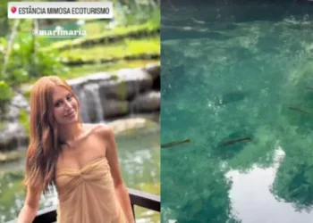 Viajando com o marido, Mari Maria posa em cachoeira de Bonito