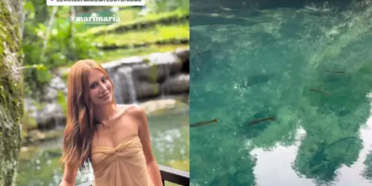 Viajando com o marido, Mari Maria posa em cachoeira de Bonito