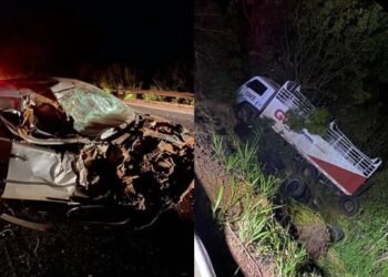 Caminhão cai em ribanceira e carro fica destruído em batida na BR-262